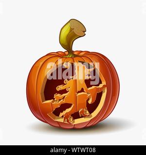 Halloween Cartoon vector illustration of a Jack-O-Lantern pumpkin with a Witch on Broom curving, isolated in white. Pumpkin and Curving Lineart and sh Stock Vector