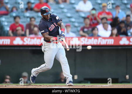 September 11, 2019: Cleveland Indians right fielder Yasiel Puig (66) singles during the game between the Cleveland Indians and the Los Angeles Angels of Anaheim at Angel Stadium in Anaheim, CA, (Photo by Peter Joneleit, Cal Sport Media) Stock Photo