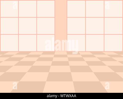Vector white background. Checkered perspective floor and window in pink color Stock Vector