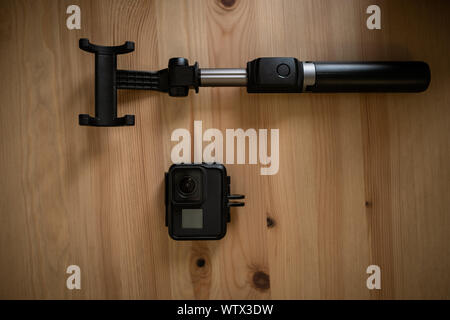 MOSCOW, RUSSIA - 17 MARCH 2019: Action Camera front-facing on the table. GoPro HERO 5 Black. GoPro makes the world's most versatile cameras. Stock Photo