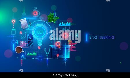 Engineering idea concept. Electronic devices development. Technology creation and design industrial sample. Engineer invents, devises technician Stock Vector