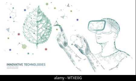 DNA evolution modern engineering technology. Augmented reality helmet vr glasses. Ecology nature gene innovation concept. GMO gene engineering plant Stock Vector