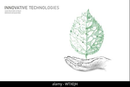 Hand holding green plant leaf ecological abstract concept. Save planet nature environment banner. Eco polygon triangles low poly vector illustration Stock Vector
