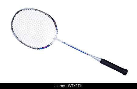 Close up studio shot of badminton racket, isolated on white background. Stock Photo