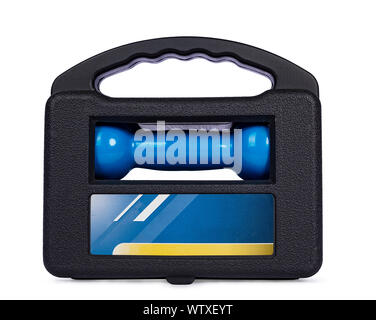 Close up studio shot of package  blue dumbells in box, isolated on white background. Stock Photo