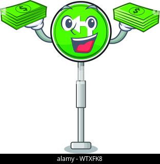With money bag turn left character shaped with mascot Stock Vector