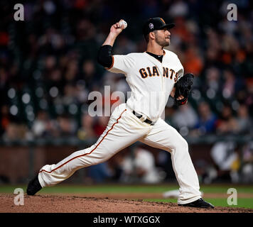 San Francisco, California, USA. 11th Sep, 2019. San Francisco Giants relief pitcher Kyle Barraclough (45) throws in the eighth inning, during a MLB game between the Pittsburgh Pirates and the San Francisco Giants at Oracle Park in San Francisco, California. Valerie Shoaps/CSM/Alamy Live News Stock Photo