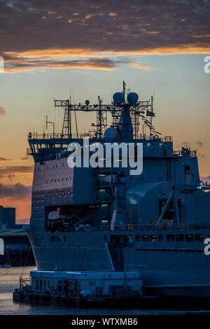 London, UK. 11th Sep, 2019. The Royal Fleet Auxillery ship Lyme Bay moors at Greenwich to take part in London International Shipping Week. Credit: Guy Bell/Alamy Live News Stock Photo