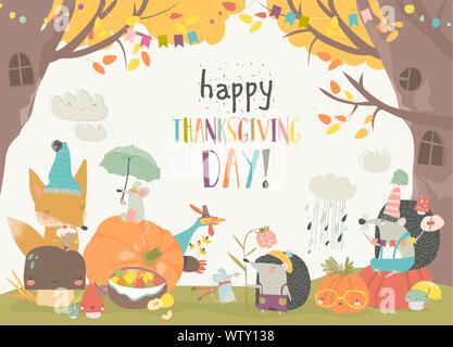 Cute animals celebrating Thanksgiving day in the forest Stock Vector