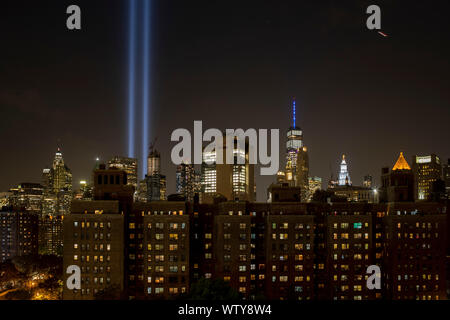 New York, USA. 11th Sep, 2019. The Tribute in Light, marking the 18th anniversary of the 9/11 attacks in New York, is seen from Manhattan, New York, the United States, Sept. 11, 2019. Credit: Li Muzi/Xinhua/Alamy Live News Stock Photo