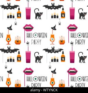 Halloween party 2020. Vector seamless pattern with inscription Halloween party, eye, glasses, spider, candles, cat, witch hat, bat, vampire mouth mask Stock Vector