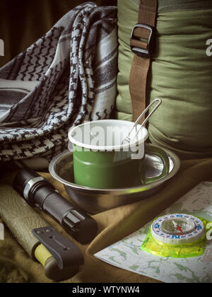 Travel gear still life on canvas background Stock Photo