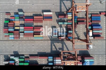 Nanchang. 11th Sep, 2019. Aerial photo taken on Sept.11, 2019 shows a view of Longtougang Port in Nanchang City, east China's Jiangxi Province. Nanchang has been actively constructing the ports along the Yangtze River in recent years in an effort to facilitate trade with the outside world. It explored a variety of approaches to reduce service fee, improve efficiency and promote the development of transportation and logistics. Credit: Peng Zhaozhi/Xinhua/Alamy Live News Stock Photo