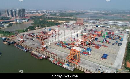 Nanchang. 11th Sep, 2019. Aerial photo taken on Sept. 11, 2019 shows a view of Longtougang Port in Nanchang City, east China's Jiangxi Province. Nanchang has been actively constructing the ports along the Yangtze River in recent years in an effort to facilitate trade with the outside world. It explored a variety of approaches to reduce service fee, improve efficiency and promote the development of transportation and logistics. Credit: Peng Zhaozhi/Xinhua/Alamy Live News Stock Photo