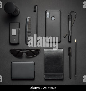 Branding mockup of men's accessories in black color. Flat lay Stock Photo
