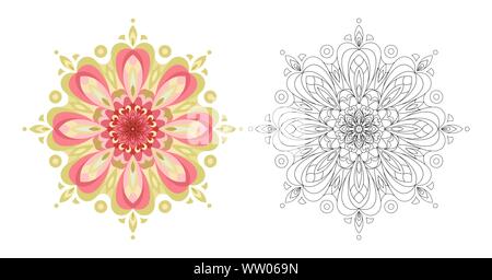 Abstract circular pattern. Color and black and white Mandala design. Indian round floral element on white background Stock Vector