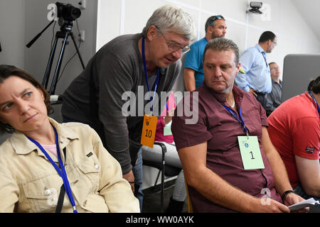 Prague, Czech Republic. 12th Sep, 2019. MP for KSCM (Communists) Zdenek Ondracek, right, attends Prague 6 Assembly meeting to debate statue of Soviet Marshal Ivan Konev, on September 12, 2019, in Prague, Czech Republic. Credit: Ondrej Deml/CTK Photo/Alamy Live News Stock Photo