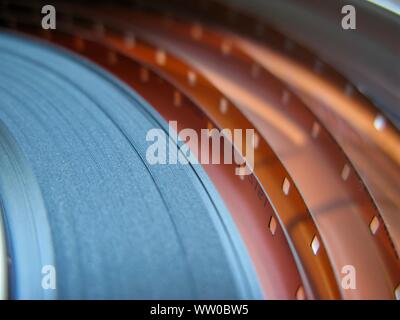 An original old film can with an orange label. For 16 mm film rolls Stock  Photo - Alamy