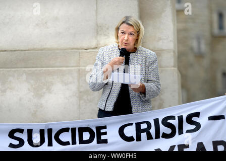 Barbara Keeley MP (Lab: Worsley and Eccles South) Shadow Minister for Mental Health & Social Care - speaking at a protest opposite Parliament on World Stock Photo