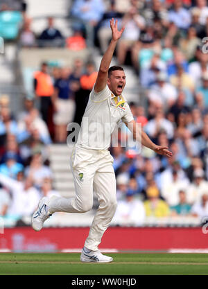 Australia's Josh Hazlewood celebrates the wicket of England's Rory Burns before the decision is overturned on review during day one of the fifth test match at The Oval, London. Stock Photo
