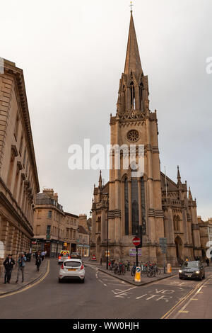 Bath, United Kingdom - November 1, 2017: Street view with St Michael's Church, Bath. Ordinary people walk the street Stock Photo