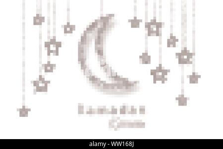 Ramadan Kareem background with silver handing shiny glitter glowing moon with stars on white background. Vector illustration. Stock Vector