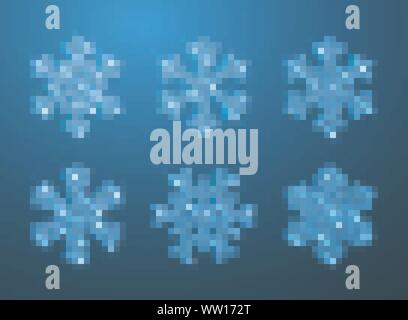 Shining blue glitter glowing snowflakes on blue background. Christmas and New Year decoration. Vector illustration. Stock Vector