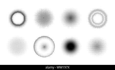 Halftone effect design elements. Set of vector dotted gradient circles. Round shape abstract backgrounds Stock Vector