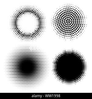 Halftone effect circles. Vector set of abstract graphic digital dotted elements Stock Vector