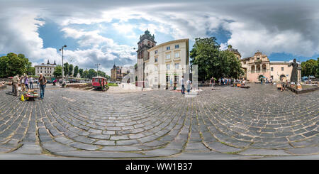 360 degree panoramic view of LVIV, UKRAINE - AUGUST 2019: Full spherical seamless hdri panorama 360 degrees angle on flea book market in the central square of old town in equirect