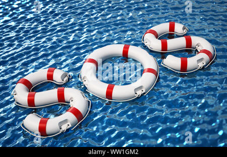 SOS word formed with life buoys on the sea. 3D illustration. Stock Photo
