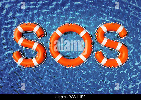 SOS word formed with life buoys on the sea. 3D illustration. Stock Photo