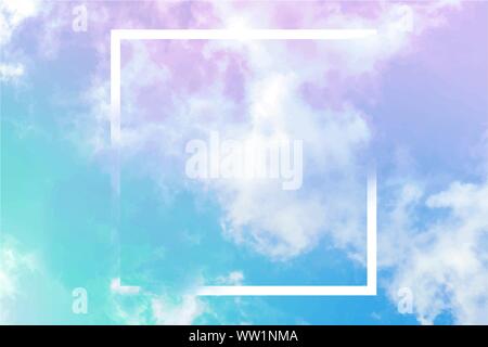 Vector neon pastel toned abstract sky background with clouds and a frame, a design template with a place for a quote and logo Stock Vector