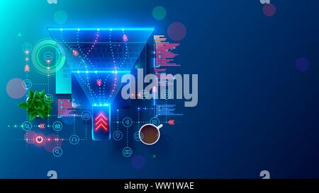 Software update concept. Programming development, optimization, web app or site. Technology of testing, debug code of layout program interface. Coding Stock Vector