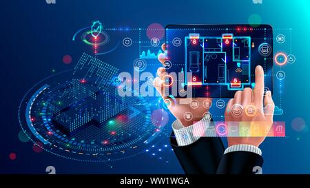 Smart home system concept. tablet controls domestics appliances via internet of things applications. Abstract Digital House connection with mobile Stock Vector