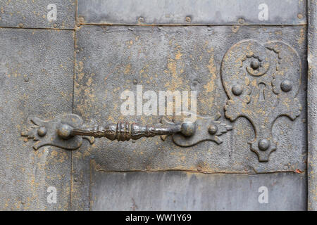 13th century wrought iron door handle and keyhole, Szent Mihaly templom, Sopron, Hungary Stock Photo