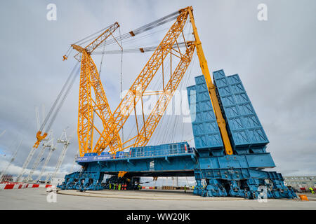 Construction workers are dwarfed as they stand underneath the base of 'Big Carl', the world's largest crane, which is preparing to begin work at Hinkley Point C power station in Somerset. Able to stand up to 250m tall, the Sarens SCC-250 crane can reach higher than the tallest tower at London's Canary Wharf and can carry 5,000 tonnes in a single lift. Stock Photo