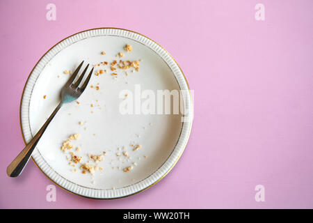 Empty plate with crumbs after eating on a pink background. The concept of the end of the holiday or celebration. Stock Photo