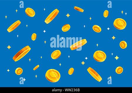 Gold coins money falling vector illustration, flat style dropping coins, isolated on color background. Stock Vector