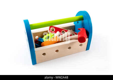 colorful wooden toolbox with toy tools isolated on white background Stock Photo