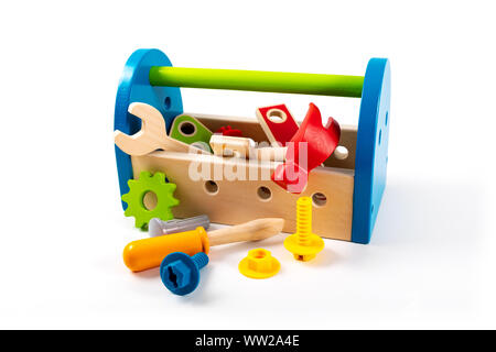 wooden toy tool box isolated on white background Stock Photo