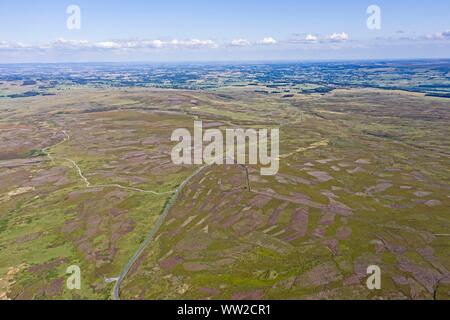 Grinton Moor above Swaledale in Yorkshire Dales, July.  Aerial image showing patchwork pattern where moor has been burnt on rotation for maximising ha Stock Photo