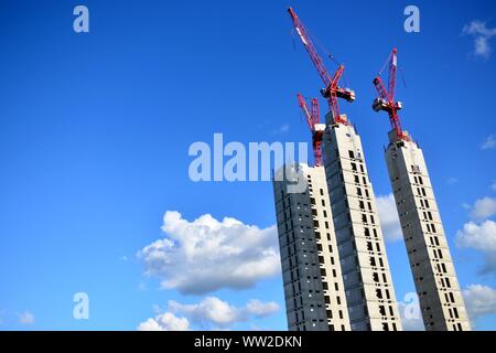 Construction cranes on the three towers of the new RIVM and CBG building at the Science Park in Utrecht (Netherlands), 01 September 2019. | usage worldwide Stock Photo