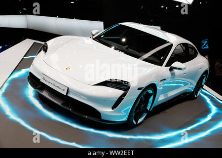 FRANKFURT, GERMANY - SEP 10, 2019: Porsche Taycan Turbo S sports car reveiled at the Frankfurt IAA Motor Show 2019. Stock Photo