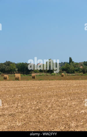 Typical landscape of the Emporda in Catalonia:. Polish countryside, harvested fields, haystacks. Costa Brava, Spain. Stock Photo