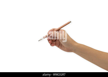 hand holding pencil isolated on white background. Stock Photo