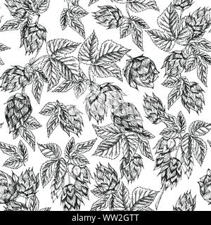 Seamless pattern botany hand drawn sketch hop isolated on white background. Line drawing. Herbal frame. Natural food collection. Stock Vector