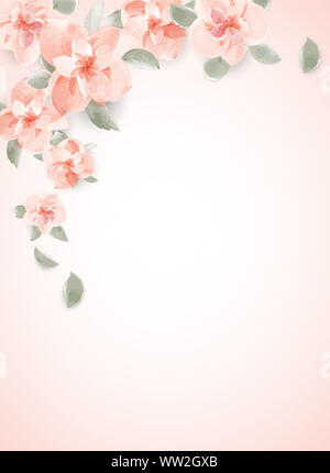 Watercolor floral background for text. Paper cut design. Wedding card design. Spring wedding invitation. Pink rose green leaf floral llustration. Wate Stock Photo