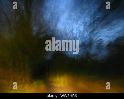 moody mysterious image of blurred trees taken while driving in the twilight on a countryside road Stock Photo