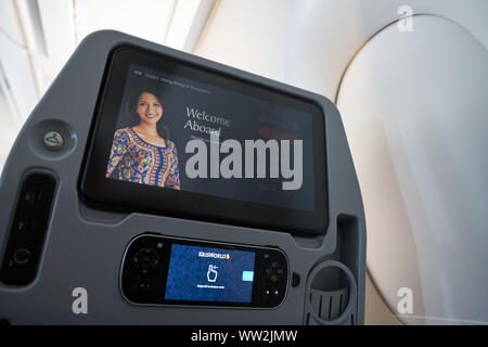 HONG KONG - CIRCA APRIL, 2019: seat back screen in economy class on Singapore Airplines Airbus A350. Stock Photo